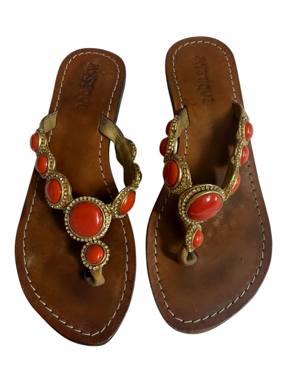 Mystique Jeweled Coral Rhinestone Leather Thong Sandals Size 7 Bali Boho Summer